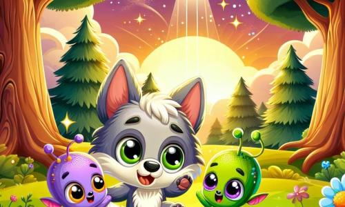 An illustration depicts a small wolf, a curious boy with soft, fluffy fur, his eyes shining with excitement as he gazes at a sparkling spaceship in the sky. Beside him are two small, brightly colored aliens: one has purple skin with a yellow spot on its head, and the other is green with large ears. They wear joyful smiles and are jumping with happiness, their eyes sparkling with delight. The main setting is a lush clearing bathed in golden light from the setting sun, surrounded by majestic trees and colorful flowers dancing in the gentle breeze. The scene shows the little wolf and his alien friends discovering the shining spaceship together, ready for an incredible adventure among the stars. Other graphic elements include twinkling stars in the sky, fluffy clouds, and colorful butterflies fluttering around them, adding a touch of magic to this scene of friendship and exploration.