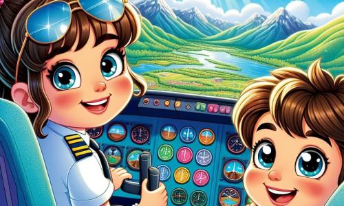 Uma piloto mulher, Ana, está no cockpit de um avião azul vibrante, com um grande sorriso no rosto, seus cabelos castanhos presos em um rabo de cavalo. Ela usa um macacão de piloto com insígnias coloridas e óculos de sol na testa, olhando com empolgação através do para-brisa. Ao seu lado, um garoto de 8 anos, Lucas, com cabelos castanhos e olhos brilhantes, está sentado no assento do copiloto, com as mãos nos joelhos, maravilhado com a vista pela janela. O cockpit está cheio de botões coloridos e instrumentos brilhantes, e pode-se ver o céu azul salpicado de nuvens brancas. Ao fundo, há uma paisagem de montanhas verdes e um rio brilhante ao sol. A cena principal mostra Ana e Lucas decolando, o avião subindo majestosamente no céu, com raios de sol iluminando sua aventura.