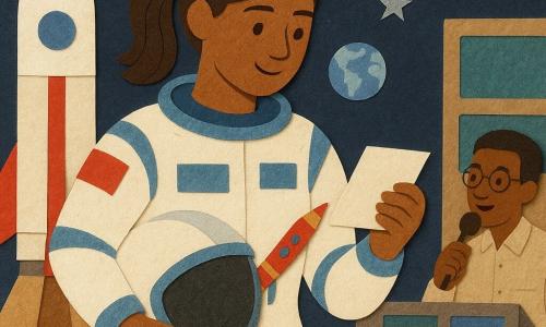 An adult female astronaut, smiling and focused, in a white and pale-blue suit with red details and helmet under her arm, reads a small checklist held by a rocket-shaped pencil attached to the paper; she has brown hair in a ponytail, bright eyes and a calm, confident expression, standing near a tall red-and-white rocket on a stylized paper launchpad with cardboard textures and a dark sky studded with silver paper stars; a man of about 40, a control-room technician in a light shirt, round glasses and seated before green and blue screens, speaks softly into a mic at right background; a small cutout of Earth, blue and white like a marble, is stuck on the wall behind her; the main scene shows her calmly and wonder-filled preparing to depart, a gentle gesture and warm light on her face, evoking preparation and friendship.