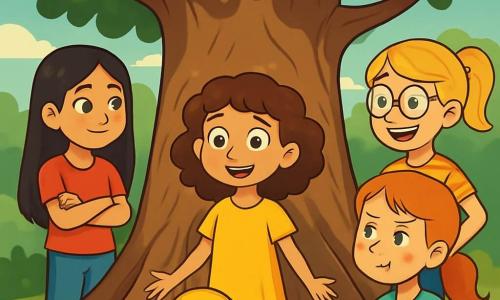 Er zijn 4 kinderen: - Anna: een 10-jarig meisje met krullend kastanjebruin haar en sprankelende ogen. Ze draagt een felgele jurk en staat in het midden, kijkend naar de gouden deur met verwondering. - Sara: een 11-jarig meisje met lang, steil zwart haar en een zachte glimlach. Ze staat iets naar links, met gekruiste armen, nadenkend over wat ze ziet. - Noor: een 10-jarig meisje met een vlecht van blond haar en ronde bril. Ze staat rechts, met haar handen op haar heupen en een opgewonden uitdrukking. - Lotte: een 11-jarig meisje met een paardenstaart van rood haar en sproeten op haar gezicht. Ze staat iets verder naar achteren, met gefronste wenkbrauwen, alsof ze de situatie analyseert. De scène speelt zich af onder een grote oude eik, waarvan de takken majestueus uitsteken en een zachte schaduw creëren. Het zonlicht filtert door de bladeren en verlicht een kleine gouden deur, verborgen tussen de knoestige wortels van de boom. Kleurrijke bloemen omringen de basis van de boom en voegen een vleugje magie toe aan de omgeving. De kinderen ontdekken de gouden deur, gefascineerd en nieuwsgierig, en wisselen blikken van verwondering uit, elk denkend aan de mysteries die achter deze magische deur verborgen kunnen zijn.