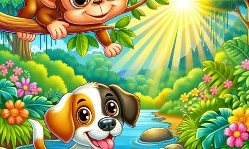 Un perro alegre, con pelaje marrón y manchas blancas, salta en un arroyo salpicando agua, su expresión está llena de emoción y curiosidad. Junto a él, un pequeño mono travieso, con pelaje dorado y grandes ojos brillantes, se agarra a una rama de árbol, mirando al perro con una sonrisa divertida. En el fondo, se despliega una jungla exuberante, llena de hojas verdes brillantes, flores coloridas y rayos de sol que filtran a través de los árboles. La escena muestra al perro y al mono buscando un plátano amarillo que flota en el arroyo, creando una atmósfera de alegría y aventura.