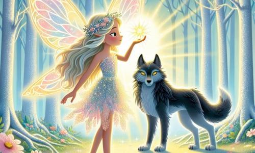 Elara, una joven hada con alas brillantes de colores pastel, se encuentra en el centro de un claro bañado por luz dorada, su rostro radiante de esperanza y determinación. Sus largos cabellos flotan como hilos de oro, y lleva un vestido hecho de pétalos de flores delicadas, mientras extiende la mano hacia un cristal brillante que pulsa con luz. A su lado, Nox, un majestuoso lobo con pelaje negro como la noche, se muestra orgulloso y protector. Sus ojos dorados brillan de inteligencia y sabiduría, y mira a Elara con una expresión alentadora, listo para apoyarla en su búsqueda. El lugar es un hermoso Bosque de Cristal, donde los árboles de troncos plateados se elevan hacia el cielo, sus hojas brillando como diamantes bajo el sol. Flores multicolores cubren el suelo, y un suave rayo de luz se filtra a través de las ramas, creando una atmósfera mágica y serena. La situación principal muestra a Elara, llena de coraje, preparándose para colocar la brillante Esencia de la Luz en el corazón del Gran Cristal, una acción que determinará el destino de su mundo encantado.