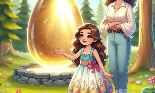 Una niña de 11 años, Clara, con cabello castaño ondulado y ojos llenos de curiosidad, se encuentra frente a un gran huevo dorado brillando al sol, con una sonrisa de asombro en su rostro. Lleva un vestido colorido con motivos florales y sandalias, sosteniendo un pequeño libro en una mano mientras la otra está extendida hacia el huevo. Junto a ella, su madre, una mujer de unos treinta años con el cabello castaño recogido en un moño y una sonrisa cálida, observa a su hija con orgullo, con los brazos cruzados. Ella lleva una blusa ligera y pantalones de mezclilla, un poco apartada pero radiante de felicidad. El lugar es un claro soleado, rodeado de grandes árboles de hojas verdes brillantes, con flores coloridas en el suelo. En el centro, un huevo dorado reposa sobre un pedestal de piedra, iluminado por los rayos del sol, creando una atmósfera mágica y alegre. La escena principal muestra a Clara descubriendo el huevo dorado, un momento de sorpresa y asombro, mientras se prepara para abrir el tesoro escondido en su interior, rodeada de la belleza de la naturaleza y del amor de su madre.