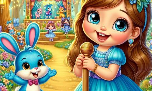 Una bambina di 5 anni, Sofia, con lunghi capelli castani e occhi brillanti di curiosità, indossa un vestito azzurro decorato con fiori colorati. Sorride felicemente, tenendo un microfono di legno, pronta a fare un discorso per la festa del papà. Accanto a lei, un adorabile coniglietto blu di nome Baffetto, con grandi orecchie e un sorriso amichevole, applaude con entusiasmo, le zampe anteriori sollevate. Lo scenario si svolge in un magnifico bosco incantato, pieno di alberi maestosi con foglie dorate, lanterne scintillanti appese ai rami e fiori multicolori che coprono il terreno. Sullo sfondo, un piccolo teatro delle marionette di legno è decorato con tessuti brillanti, mentre creature magiche, come uccelli colorati e fate scintillanti, danzano intorno a loro. La scena principale mostra Sofia, piena di energia e felicità, che si rivolge a un gruppo di papà incantati, tutti riuniti per celebrare la festa del papà, circondati da un'atmosfera festosa e gioiosa.