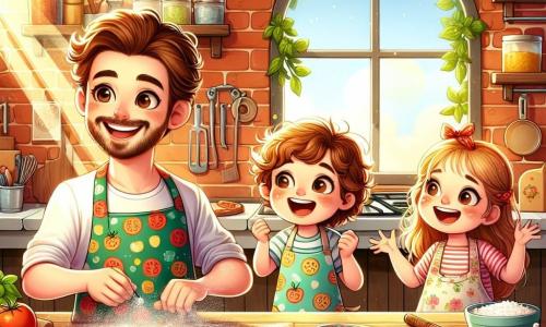 Marco, un uomo di trent'anni con capelli ricci castani e una barba ben curata, indossa un grembiule colorato e un grande sorriso mentre estrae una deliziosa pizza dorata dal forno. I suoi occhi brillano di gioia ed entusiasmo, riflettendo la sua passione per la cucina. Accanto a lui, Tommaso, un ragazzo di 8 anni con capelli biondi arruffati e macchie di farina sul viso, salta di gioia tenendo un pomodoro rosso brillante. Sofia, una ragazza di 7 anni con due trecce e un bel sorriso, aggiunge foglie di basilico sulla pizza, con gli occhi pieni di entusiasmo. La scena si svolge in una cucina calda e accogliente, con muri di mattoni rossi e scaffali pieni di ingredienti colorati. La luce del sole filtra attraverso una finestra, illuminando la stanza con una dolce luce dorata. Marco e i bambini stanno creando insieme una pizza speciale, condividendo risate e storie, illustrando la magia della collaborazione e della creatività in cucina.