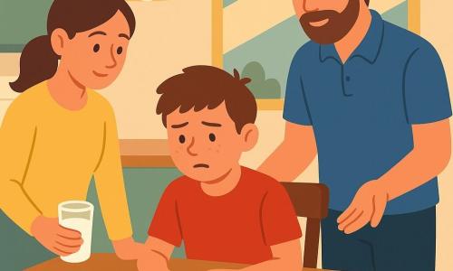 Un niño de 10 años, Leo, rostro redondo con pecas, pelo castaño corto y despeinado, mirada indecisa y boca entreabierta, sentado en una silla junto a una mesa, una mano sobre una tablet antigua apagada y la otra sobre un cuaderno escolar. Una mujer, Ana, unos 35 años (madre), pelo castaño recogido en una cola de caballo, sonrisa suave y atenta, de pie junto a la mesa con un vaso de leche, inclinada hacia Leo como proponiendo una idea. Un hombre, Marcos, unos 37 años (padre), barba ligera y polo azul, manos abiertas en gesto de propuesta, detrás de la silla de Leo inclinado hacia adelante. Cocina luminosa con paredes color crema, suelo de baldosa clara, mesa de madera clara con un plato de tostadas y una pequeña lámpara colgante naranja; una ventana deja entrar luz suave de tarde. Situación principal: momento de decisión tranquilo y tierno — Leo duda entre la tablet y su deber, los padres proponen un plan de equilibrio; composición centrada, expresiones claras, colores cálidos y bloques de color simples, estilo ilustrativo infantil.