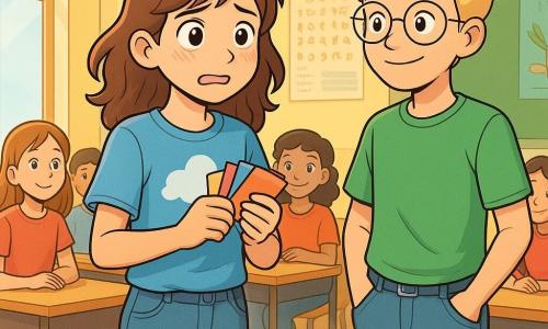 Ein 12-jähriges Mädchen, Lina, steht auf einer Klassenszene, ihre Augen leuchten vor Aufregung und Nervosität. Sie hat leicht gewelltes braunes Haar und trägt ein blaues T-Shirt mit Wolkenmuster. Ihre Hände zittern leicht, aber sie hält fest bunte Präsentationskarten. Neben ihr steht ihr Freund Jonas, ein 12-jähriger Junge mit blonden Haaren und runden Brillen, der sie ermutigend anlächelt, die Hände in den Taschen seiner Jeans. Der Raum ist ein heller Klassenraum mit pastellgelben Wänden, Bildungsplakaten und Fenstern, die Sonnenlicht hereinlassen. Holztische sind im Halbkreis angeordnet, gefüllt mit aufmerksamen Klassenkameraden, deren Gesichter neugierig und freundlich sind. Lina bereitet sich darauf vor, ihr Referat zu halten, und spürt ein Gemisch aus Angst und Entschlossenheit. Sie atmet tief ein, bereit, ihre Geschichte zu teilen, während das Publikum freundlich zuhört.