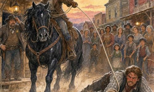 Mujer vaquera adulta, Luna Serrano, rostro decidido y sereno, sombrero gris, chaqueta y guante de cuero, lanza un lazo beige que atrapa la mano del bandido mientras monta a la segura yegua negra Chispa; Chispa, grande y lustrosa, plantada en el polvo detrás de Luna. Pike, bandido de 30–35 años con bigote irregular y camisa sucia, tiene la mano atada y trata de alcanzar un revólver caído frente a ellos. Tobías, el alguacil de unos 50 años, figura robusta y sombrero ladeado, observa desde la puerta de su despacho con gesto vacilante pero aliviado. Vecinos —hombres, mujeres y niños— forman un semicírculo detrás de Luna con herramientas y escobas, rostros curiosos y aliviados. Calle principal del pueblo al crepúsculo, suelo polvoriento, casas de madera en tonos cálidos y una lámpara de aceite que emite luz suave bajo un cielo rosado-violáceo. Momento tenso y heroico: Luna inmoviliza a Pike con el lazo frente al pozo, cuerda tensa y polvo levantado, ambiente de victoria silenciosa y naciente solidaridad.