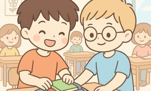 Een 10-jarige jongen, Mats genaamd, met warrig bruin haar en een grote glimlach, zit aan een schooltafel. Hij is geconcentreerd bezig zijn kleurrijke boeken en potloden netjes in een etui te doen. Naast hem helpt een andere 10-jarige jongen, Sam, met kort blond haar en ronde bril, hem vrolijk zijn spullen te organiseren. Ze zijn in een lichte klaslokaal, met muren versierd met kindertekeningen en ramen die zonlicht binnenlaten. De situatie toont voornamelijk Mats en Sam die samen lachen, omringd door hun klasgenoten, wat een warme en vriendelijke sfeer creëert.