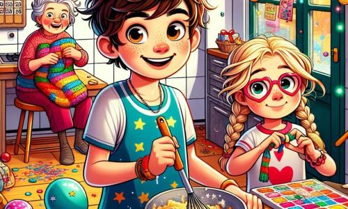 A 12-year-old boy named Max, with messy brown hair and sparkling mischievous eyes, stands in the middle of his messy kitchen, a big smile on his face and his cheeks slightly flushed with excitement. He wears a blue t-shirt with stars and red jogging pants, holding a spatula in one hand and a bowl of colorful dough in the other. Next to him, his 8-year-old sister Molly, with braided blonde hair and heart-shaped glasses, watches curiously with her hands on her hips, ready to help or disrupt him. Their grandmother, an elderly lady with gray hair in a bun and round glasses, sits at the table, joyfully laughing while knitting a colorful scarf. The kitchen is decorated with sparkling garlands and colorful balloons, with confetti scattered on the floor. A large Advent calendar hangs on the wall, indicating that New Year's is approaching. Max, with a determined look, is trying to prepare magical treats while keeping the secret of his surprise party, while Molly and their grandmother enjoy guessing what he is making, creating a joyful atmosphere full of laughter.