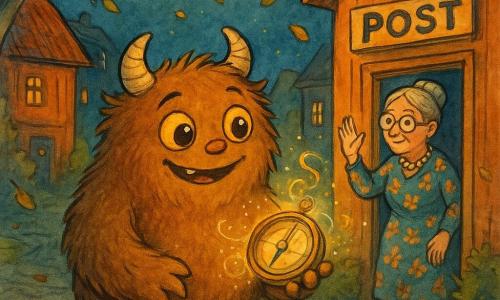 Momo, een warm en zachtaardig monster met fluweelbruin haar, kleine beige halvemaanhoorns, honingkleurige ogen en grote poten die bladeren vertrappen, houdt voorzichtig een glinsterend kompas vast; Mevrouw Krinkel, een ongeveer zeventigjarige vrouw met grijs knotje, bloemenjurk en bril aan een parelketting, staat bij de deur van het kleine houten postkantoor en kijkt hem vriendelijk na; het kompas is een rond gepolijst metalen doosje met een lichtgevende naald die naar de horizon wijst en fijne lichtwervels met dansende lettertjes afgeeft; het tafereel speelt zich af ’s nachts in de geplaveide straat van Lanterloof met lantaarns aan takken, warme houten huizen, mos tussen de kasseien en een ronde maan, en toont Momo klaar voor avontuur in een zachte, magische sfeer vol rondvliegende bladeren en kleine vuurvliegjes.
