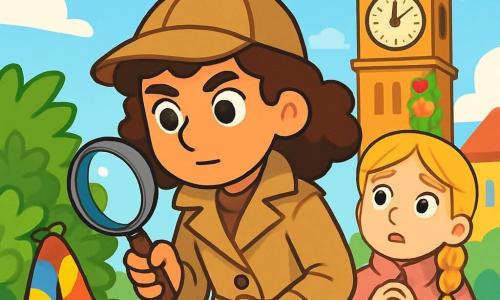 Uma jovem detetive, Clara, com cabelos castanhos e cacheados, usa um trench coat bege e um chapéu de detetive. Ela tem um olhar determinado e curioso, segurando uma lupa na mão direita, examinando atentamente um lenço colorido preso a um arbusto. Ao lado dela, uma jovem garota, Júlia, de cerca de 10 anos, com cabelos loiros trançados, usa um casaco rosa e parece ansiosa, olhando ao redor com os olhos arregalados. Ao fundo, a grande torre do relógio da cidade, adornada com flores coloridas, se ergue majestosa sob um céu azul claro, enquanto pássaros voam alegremente. A cena mostra Clara e Júlia investigando um mistério, cercadas pela atmosfera pacífica, mas intrigante, da pequena cidade de Florencinha.