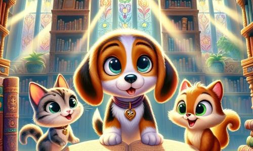 Sam, een kleine beagle met grote hangende oren en een bruin-witte vacht, staat voor een oud stoffig boek in een magische bibliotheek, zijn ogen stralend van opwinding en nieuwsgierigheid. Naast hem kijkt Pippa, een mooie gestreepte kat met sprankelende groene ogen, met een nieuwsgierige glimlach naar het boek, terwijl Nibbles, een eekhoorn met een rossige vacht en een pluizige staart, vrolijk om hen heen springt, zijn kleine pootjes in de lucht, vol energie. De plek is een betoverde bibliotheek, met sculptuur houten planken, boeken met kleurrijke covers, en lichtstralen die door grote ramen met glas-in-lood filteren, wat een warme en magische sfeer creëert. De hoofdscène toont Sam en zijn vrienden die een oud mysterieus boek ontdekken dat over een schattenjacht gaat, hun gezichten verlicht door de opwinding van het komende avontuur.