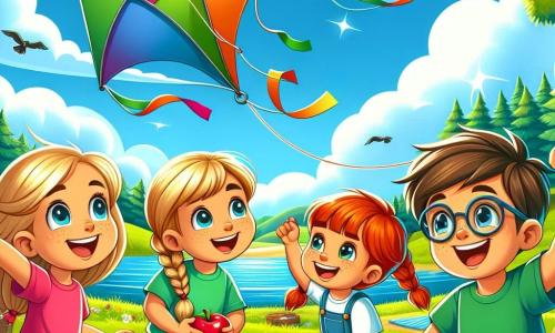 In a sunny summer camp, four children are playing together. Liam, an 8-year-old boy with brown hair and glasses, is holding a large colorful kite that is rising in the blue sky. Next to him, Mia, a 7-year-old girl with braided blonde hair, smiles as she raises her arms to catch the kite. Emma, another 8-year-old girl with red hair and freckles, is sitting on the grass, eating a juicy red apple. Finally, Noah, a 7-year-old boy with black hair and a green t-shirt, is running around them, laughing joyfully. The setting is a beautiful campground surrounded by green trees and a sparkling lake. The sky is bright blue with a few fluffy white clouds. The main scene shows the children enjoying flying the kite, their faces lit by the sun and filled with joy, while the kite floats high in the sky, adding a splash of color to this lovely summer day.