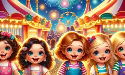 In the center of the image, four joyful girls hold hands. Lily, an 8-year-old with blonde hair and sparkling blue eyes, wears a pink dress with floral patterns. To her left, Mia, a girl with curly brown hair and brown eyes, is dressed in a colorful skirt and a yellow t-shirt, laughing heartily. On the right, Zoe, a 7-year-old with straight black hair and round glasses, wears blue overalls and a striped t-shirt. Finally, Bella, a 9-year-old with red hair and freckles, is in a purple dress and smiles widely. They are in front of a large colorful carousel, surrounded by multicolored balloons and sparkling garlands. The setting is a magical carnival with red and white striped tents, bright lights twinkling in the night, and candy stands displaying mountains of cotton candy and golden popcorn. In the background, a huge firework bursts in the starry sky, illuminating the amazed faces of the children. The main scene shows the four girls dancing and laughing on the carnival stage, wearing colorful masks, while a fun magician in a blue coat invites them to join a magic show. Colorful confetti falls around them, creating a festive and joyful atmosphere.