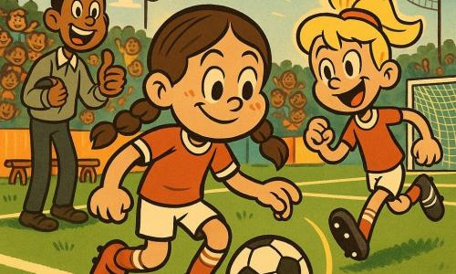 Mia, about 11, round face, brown braids, focused smile and bright eyes, shields the ball with her feet and makes a precise pass; Lily, about 11, blonde ponytail and joyful look, runs toward goal to shoot right of Mia; Sam, about 12, tan skin and short hair, thumbs up encouraging from rear left; Mr. Thompson, adult coach with thin mustache and light jacket, applauds near the sideline and team bench; grassy football field with vivid green turf, crisp white lines, a child-filled stand and fluttering banners, clear blue sky and warm sun; dynamic moment of the decisive pass with exaggerated motion, an arc of luminous ball trajectory, floating flags, joyful and strained expressions; visual style: saturated colors, thick black outlines, flexible exaggerated proportions like rubber hose, simple contrasted textures.