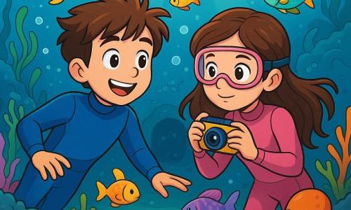 A 12-year-old boy, Elliot, with tousled brown hair and sparkling curious eyes, swims underwater, a look of wonder on his face. He wears a blue wetsuit that contrasts with the bright colors of the fish around him. Beside him is his best friend Jasmine, a 12-year-old girl with long brown hair, holding an underwater camera, fascinated by the beauty of marine creatures. She also wears a pink wetsuit and is intently watching a group of colorful fish. The background of the illustration shows a magical underwater landscape, with colorful corals, swaying seaweed, and rays of light filtering through the water's surface. In the center, a mysterious tunnel appears, surrounded by barnacle-covered stones. The main scene depicts Elliot and Jasmine discovering a bright underwater garden, where sparkling fish swim joyfully around them, while a curious octopus observes them from a rock.