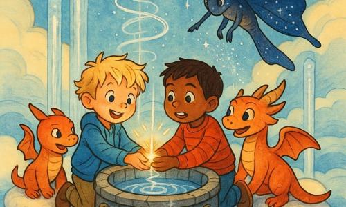 Four characters: Finn, a 6-year-old blond boy in a light blue jacket and khaki pants, kneeling left and holding Milo’s hand while smiling determinedly at the glowing well; Milo, a 6-year-old brown-haired boy in a red striped sweater and jeans, kneeling right, joining Finn’s hand over a small golden light with a brave, poignant expression; Ember, a dog-sized guardian dragon with orange-to-pearlescent-pink scales and leaf-shaped horns, standing on hind legs behind them, leaning toward the well with folded wings and bright eyes; and Star Moth, a kite-sized nocturnal creature with deep starry-blue wings and silver accents, hovering right above the well and sprinkling sparkles. Setting: a floating Skywell on a wide fluffy cloud, ringed by luminous water pillars and engraved stones, with a sea of soft clouds and a bright blue sky. Main scene: the boys and Ember hold a shared small light rising in silver rings into the Skywell as Star Moth scatters sparks; warm tones for characters and cool silvery highlights on the well, sharp inked lines, soft heroic atmosphere.