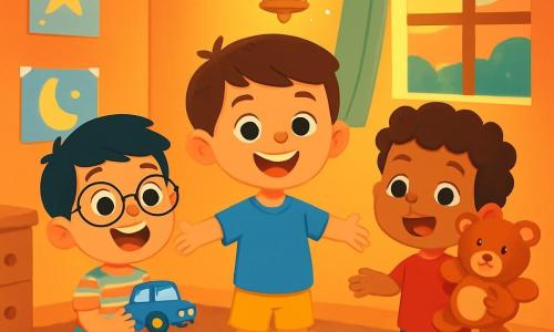 Há 3 personagens: Sami, um garoto de 7 anos com cabelos castanhos e olhos brilhantes, vestindo uma camiseta azul e um short amarelo, está de pé no centro, sorrindo com os braços abertos; Zaki, um menino de 6 anos com cabelos pretos e óculos redondos, usando uma camisa listrada colorida e calças verdes, está à esquerda de Sami segurando um pequeno caminhão azul, com os olhos arregalados de alegria; Bilal, um garoto de 5 anos com cabelos cacheados e um ursinho de pelúcia nos braços, vestido com uma camiseta vermelha e calças jeans, está à direita de Sami, sorrindo e levantando seu ursinho como se quisesse mostrá-lo aos amigos. O local é um quarto infantil aconchegante, com um tapete macio no chão e paredes pintadas em cores vibrantes, decorado com desenhos de estrelas e luas. Uma janela aberta deixa entrar a luz dourada do sol poente, e sobre a mesa há um pequeno lanche com bolo e xícaras de chá. A cena mostra os três amigos reunidos, ansiosos e felizes, esperando o momento de compartilhar um lanche especial para celebrar o início do Ramadã, cercados por uma luz suave e uma atmosfera alegre, com uma pequena lanterna mágica brilhando acima deles, acrescentando um toque de magia a esse momento de partilha.