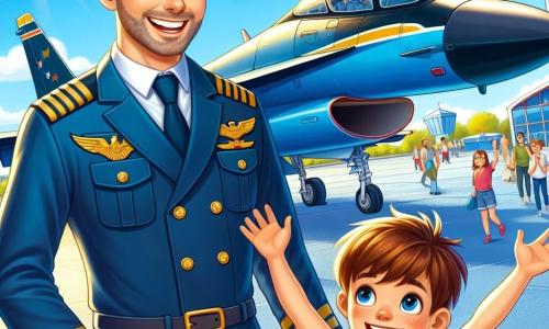 Un pilot de avion, un bărbat de patruzeci de ani, cu părul brun ușor cărunt și o barbă bine întreținută, stă lângă avionul său de vânătoare strălucind sub soare. El poartă o uniformă de pilot bleumarin, cu insigne aurii pe umeri, și afișează un zâmbet larg de mândrie și entuziasm, pregătit să împărtășească dragostea sa pentru zbor. Lângă el, un băiat de 10 ani, Luca, cu părul castaniu și ochii strălucind de curiozitate, privește cu uimire avionul, cu brațele ridicate în semn de bucurie. El poartă un tricou roșu și o pereche de pantaloni scurți albaștri, iar expresia sa arată cât de mult visează să devină pilot într-o zi. În fundal, un aeroport animat cu avioane de toate dimensiunile, hangare colorate și nori pufoși într-un cer albastru strălucitor. Oamenii se mișcă, unii făcând fotografii, alții admirând avioanele. Situația principală arată pilotul explicându-i lui Luca minunile aviației, în timp ce alți copii, fascinați, îi înconjoară, ascultând cu atenție și visând să zboare într-o zi.