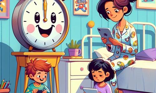 Un pequeño despertador con cara sonriente, agujas doradas y un cuerpo de metal brillante, se encuentra en una mesita de noche, listo para despertar a la familia para un nuevo día. Al lado, una mamá con el cabello castaño desordenado, en pijama colorido, mira su teléfono con aire preocupado, sentada en la cama, mientras dos niños, un niño de cabello castaño y una niña con coletas, están sentados en el suelo, absortos en sus tabletas, mostrando expresiones de concentración. La escena se desarrolla en un dormitorio acogedor, con paredes pintadas de azul pastel, carteles de superhéroes colgados y juguetes esparcidos por el suelo, creando un ambiente cálido y animado. El despertador intenta recordar a la familia la importancia de desconectarse de las pantallas para compartir momentos juntos, mientras los niños y su madre están inmersos en sus dispositivos, inconscientes del tiempo que pasa.