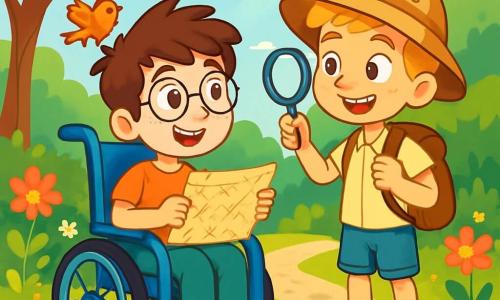 Há 2 personagens principais: - Zeca: um garoto de 8 anos, com cabelos castanhos bagunçados e óculos redondos. Ele está sentado em uma cadeira de rodas azul, sorrindo e observando o jardim com curiosidade. - Lucas: um garoto de 7 anos, com cabelos loiros e um chapéu de explorador. Ele segura uma lupa em uma mão e uma mochila pequena na outra, em pé ao lado de Zeca, pronto para partir em uma aventura. O cenário é um jardim ensolarado, cheio de flores coloridas, árvores verdes e um pequeno caminho de cascalho. Ao fundo, um velho galinheiro de madeira, levemente enferrujado, se ergue sob um céu azul brilhante. Raios de sol filtram através das folhas, criando sombras dançantes no chão. A situação principal mostra Zeca e Lucas, com os olhos brilhando de excitação, discutindo sua próxima aventura. Eles examinam um mapa desenhado em um guardanapo, cercados pela animação de insetos e pássaros cantando, prontos para partir em busca de um tesouro escondido em seu jardim mágico.