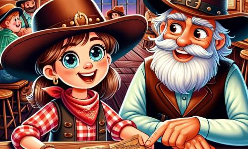 Cowgirl Lili, ein mutiges Mädchen von etwa 10 Jahren, trägt einen braunen Cowboyhut, ein rotes kariertes Hemd und eine abgewetzte Jeans. Sie hat funkelnde Augen vor Neugier und ein breites Lächeln im Gesicht, während sie eine alte Schatzkarte in den Händen hält. Neben ihr sitzt der alte Cowboy Sam, ein etwa 60-jähriger Mann mit einem langen weißen Bart und einem abgetragenen Hut, an einem Holztisch, lächelnd und zeigt ihr die Karte. Der Ort ist ein lebhafter Saloon mit dunklen Holzwänden, Eichenholztischen und gedämpften Lichtern, die eine warme Atmosphäre schaffen. Kunden lachen und unterhalten sich an einer massiven Holzbar, während ein Pianist in einer Ecke eine fröhliche Melodie spielt. Die Hauptsituation zeigt Lili, voller Aufregung, bereit für das Abenteuer, um den geheimnisvollen Schatz zu finden, während Sam ihr mit einem wohlwollenden Blick Ratschläge gibt.