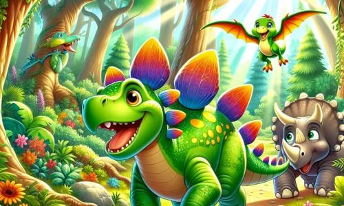 Um estegossauro chamado Tito, com pele verde brilhante e placas coloridas nas costas, sorri com curiosidade enquanto explora um caminho escondido na floresta. Ao seu lado, um tricerátopo chamado Lara, com chifres majestosos e pele bege, observa ao seu redor, maravilhada com a beleza da natureza. Um pterodáctilo chamado Pipo, com asas largas e coloridas, plana alegremente acima deles, pronto para se juntar à sua aventura. O local é uma floresta luxuriante, cheia de árvores gigantes com folhas verdes vibrantes, flores coloridas e rochas brilhantes. A luz do sol filtra-se através dos galhos, criando sombras dançantes no chão. A cena principal mostra Tito e seus amigos descobrindo um caminho misterioso, rindo e se divertindo juntos, prontos para viver uma nova aventura emocionante.