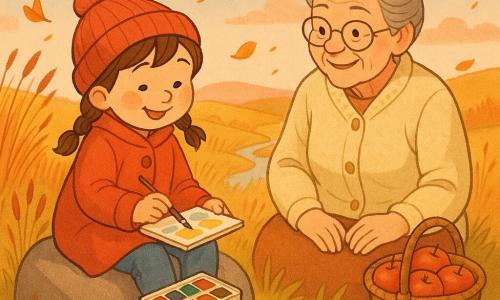 Menina de 6 anos, alegre e maravilhada, cabelos castanhos em duas tranças, bochechas redondas, casaco vermelho vivo e gorro de lã, sentada numa grande pedra no alto de uma colina pintando num pequeno caderno com aquarelas no colo; avó de cerca de 70 anos, benevolente e sorridente, cabelos grisalhos presos num coque, jaqueta de lã creme, sentada na relva ao lado, olhando as pinturas e segurando um cesto de maçãs à direita; colina de ervas altas como um oceano dourado com hastes castanhas e folhas rústicas, um pequeno caminho de terra, algumas pedras planas e um ribeiro prateado abaixo; céu baixo e suave, azul pálido com nuvens rosadas do pôr do sol e folhas laranja e amarelas a rodopiar no ar; cena principal: a menina pinta as cores quentes do outono, concentrada e sorrindo, enquanto a avó a incentiva, tudo banhado por luz suave do fim da tarde; estilo visual: cores quentes e saturadas, contornos suaves, texturas de aquarela nas folhas, detalhes de tecido nas roupas e expressões faciais infantis legíveis.