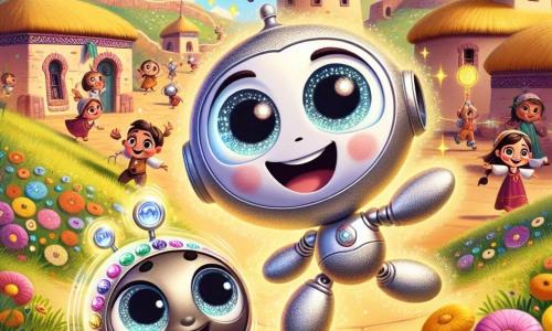 Zizi, un robot mic cu ochi strălucitori ca stelele și cu un zâmbet radiant, se află în centrul imaginii, sărind de bucurie cu brațele din metal argintiu. Lângă el, Tiki, un ceas magic rotund și colorat, cu butoane multicolore, plutește în aer, având o expresie jucăușă și curioasă. Mediul lor este un sat vechi, cu case din chirpici și acoperișuri din stuf, înconjurat de câmpuri de flori strălucitoare care dansează în vânt. Copiii satului, cu fețe zâmbitoare și haine simple, se joacă jocuri tradiționale, adăugând o notă de viață acestei scene liniștite. Zizi și Tiki, uimiți, îi observă pe copii distrându-se, descoperind magia jocurilor de altădată.