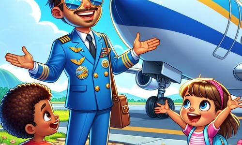 Un bărbat pilot, zâmbitor și entuziast, poartă un uniform albastru cu epauleți aurii. Are părul brunet și ochelari de soare care reflectă cerul albastru. Se află lângă avionul său mare alb, cu brațele deschise, pregătit să primească copii curioși. Mihai, un băiat de 8 ani, are părul castaniu și poartă un tricou roșu. Se uită la pilot cu ochii mari, plin de admirație. Lângă el, Ana, o fetiță de 6 ani cu părul blond și o rochie roz, sare de bucurie ridicând brațele, nerăbdătoare să îi pună întrebări pilotului. Scena se desfășoară pe o pistă de aterizare însorită, înconjurată de verdeață și flori colorate, cu un cer albastru deschis presărat cu câteva nori albi pufoși. Pilotul le povestește copiilor aventurile sale în aer, în timp ce ei îl ascultă cu atenție, fascinați de poveștile sale despre călătorii deasupra munților și oceanelor.