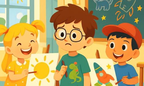 Er zijn 3 personages: - Sam: een 7-jarig jongen met rommelig bruin haar en een ronde bril. Hij draagt een groene t-shirt met een getekende draak en houdt een kwast in zijn hand. Sam staat in het midden van de afbeelding, kijkend naar zijn schilderij met een twijfelende uitdrukking. - Noor: een 6-jarig meisje met lang blond haar in twee staarten. Ze draagt een gele jurk met stippen en glimlacht vrolijk. Noor staat links van Sam en schildert een grote gele zon op haar doek. - Levi: een 7-jarig jongen met zwart haar en een rode pet. Hij draagt een blauwe t-shirt en een korte broek. Levi staat rechts van Sam en schildert een rode raket met sterren eromheen. De situatie speelt zich af in een heldere klaslokaal met grote ramen die zonlicht binnenlaten. De muren zijn versierd met kindertekeningen en heldere kleuren. Houten tafels zijn bedekt met verfpotten, kwasten en witte vellen papier. Achterin is een schoolbord met schetsen van dieren. Het belangrijkste moment van het verhaal toont Sam, Noor en Levi die samen schilderen. Sam lijkt een beetje verdrietig door het lachen van zijn vrienden om zijn draak, maar Noor en Levi moedigen hem aan om zijn schilderij om te toveren tot een leuke scène met een broccoli-draak, kaaswolken en kleurrijke bloemen. De sfeer is vrolijk, met gelach en heldere kleuren op de doeken.