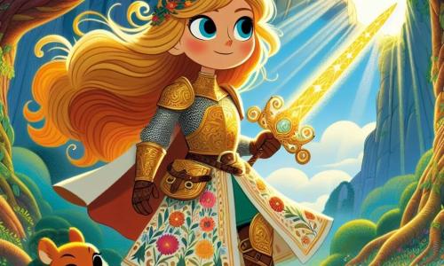 In het midden van de afbeelding staat Elina, een jonge ridder van ongeveer 20 jaar, met lange gouden haren die in de wind wapperen. Ze draagt een glanzend harnas versierd met bloemmotieven, en haar gezicht straalt vastberadenheid en moed uit. Ze heft een prachtige magische zwaard, dat schittert met een gouden gloed, terwijl ze trots op een rots staat, klaar om het onbekende tegemoet te treden. Naast haar wijst een klein eekhoorn met een levendige bruine vacht en sprankelende ogen met een kleine poot naar het bos, alsof hij Elina de weg wijst. Op de achtergrond is een grote donkere grot te zien, omringd door hoge bomen met heldergroene bladeren, en een helderblauwe lucht bezaaid met witte wolken. Het zonlicht filtert door de takken, wat een magische en mysterieuze sfeer creëert. De hoofdscène toont Elina, de ridder, die klaar is om de grot binnen te gaan om het magische zwaard te recupereren, met het eekhoorn naast haar, in een sfeer van avontuur en moed.