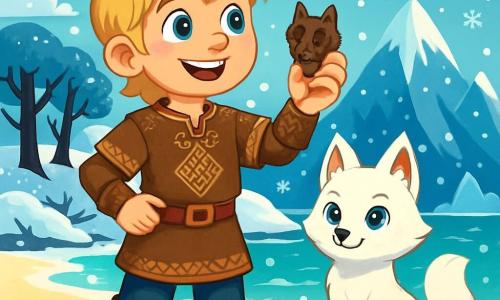 Eirik, un tânăr viking de aproximativ 16 ani, stă pe plaja cu nisip alb, cu fața strălucind de entuziasm și curiozitate. Are părul blond auriu, ochii strălucitori ca stelele și poartă o tunică din piele ornamentată cu motive nordice. Ține în mână o mică amuletă în formă de lup, privind orizontul cu un zâmbet hotărât. Lângă el, o vulpe albă, cu ochi albastri strălucitori, stă mândră, pregătită să-l însoțească în aventură. Peisajul este o insulă misterioasă, acoperită de zăpadă strălucitoare și copaci negri cu ramuri răsucite, sub un cer albastru deschis presărat cu nori pufoși. În fundal, munți măreți se ridică, cu vârfurile acoperite de gheață strălucitoare. Situația principală arată cum Eirik și vulpea se pregătesc să exploreze insula, înconjurați de un peisaj fermecător, în timp ce fulgi de zăpadă cad ușor în jurul lor, creând o atmosferă magică plină de promisiuni de aventură.