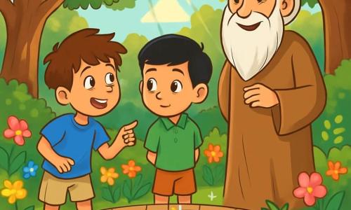 Hay 3 personajes: - Lucas: un niño de 10 años, con cabello castaño desordenado y ojos brillantes de curiosidad. Lleva una camiseta azul y un pantalón corto beige, y está señalando una flor brillante. - Mateo: un niño de 10 años, con cabello negro liso y ojos marrones profundos. Lleva una camisa verde y pantalones cortos, y observa atentamente la fuente de agua que brilla en el centro del jardín. - El Anciano: un hombre mayor, con una larga barba blanca y ojos sabios. Lleva una túnica de color tierra y se encuentra cerca de la fuente, sonriendo amablemente a los dos niños. El lugar es un jardín secreto, lleno de flores coloridas que bailan al viento. En el centro, una fuente de agua clara y brillante refleja el cielo azul, rodeada de árboles majestuosos con troncos gruesos y hojas exuberantes. Los rayos de sol filtran a través de las ramas, creando patrones luminosos en el suelo. La situación principal muestra a Lucas y Mateo, maravillados por la belleza del jardín, mientras el Anciano les explica los misterios de este lugar mágico. Los niños intercambian miradas fascinadas, cautivados por las palabras sabias del Anciano.