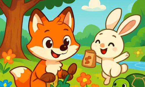 Foxy, un piccolo volpe dai brillanti peli rossi e dagli occhi curiosi, è seduto felicemente sotto un grande albero con foglie verdi lucenti, tenendo una piccola pala di legno tra le zampe. Sorride entusiasta, pronto a piantare fiori colorati. Accanto a lui, un adorabile coniglietto dalle grandi orecchie bianche e guance rosa, visibilmente eccitato, salta intorno a Foxy con un sacchetto di semi tra le zampe anteriori. Più lontano, una tartaruga con un guscio verde decorato da motivi dorati avanza lentamente, osservando con uno sguardo saggio e determinato, pronta ad aiutare. La scena si svolge in una splendida riserva naturale, piena di alberi maestosi, fiori dai colori vivaci e un ruscello scintillante che serpeggia nel paesaggio. Il cielo è di un blu intenso, punteggiato da nuvole bianche e soffici. Foxy e i suoi amici stanno piantando fiori insieme, ridendo e cantando, mentre trasformano la riserva in un luogo ancora più bello e accogliente per tutti gli animali.