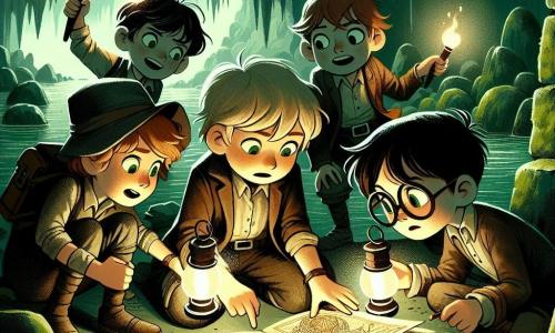 In una grotta misteriosa, quattro piccoli avventurieri si trovano insieme, illuminati dalla luce delle loro torce. Marco, un ragazzo di 11 anni con capelli castani e occhi brillanti, è al centro con un vecchio diario aperto e un sorriso di eccitazione. Alla sua destra, Luca, un ragazzo magro di 11 anni con occhiali spessi, osserva attentamente la mappa che tiene in mano. A sinistra, Tommaso, un ragazzo robusto di 11 anni con capelli neri arruffati, indica un simbolo strano inciso sulla pietra. Infine, Alessio, una ragazza di 11 anni con capelli biondi e occhiali, si china per esaminare un antico disegno sul muro. La grotta è buia e umida, con pareti di pietra coperte di muschio verde e stalattiti che pendono dal soffitto. I ragazzi scoprono un passaggio segreto dopo aver risolto un enigma, i loro occhi brillano di meraviglia mentre si preparano a entrare in una sala nascosta piena di tesori scintillanti.