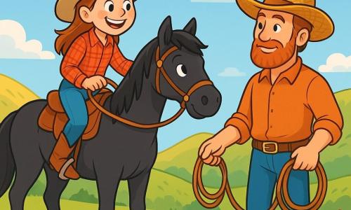 June, een jonge cowgirl van ongeveer 10 jaar, zit op haar zwarte paard genaamd Storm. Ze draagt een beige cowboyhoed, een rood geruit shirt en blauwe jeans. Haar gezicht straalt met een grote glimlach, die haar vastberadenheid en vreugde toont. Naast haar staat Hank, een man van ongeveer 40 jaar met een rode baard en een strohoed, die met een hand een lasso vasthoudt en June bewonderend aankijkt. Ze bevinden zich op een groene prairie, omringd door gouden heuvels onder een heldere blauwe lucht met witte wolken. De scène toont June die haar hand uitsteekt naar een muilezel genaamd Pete, die een mooi leren zadel draagt, terwijl kleurrijke wilde bloemen in de wind om hen heen dansen.