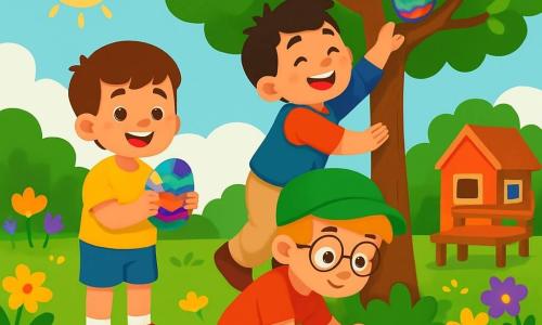 Hay 3 personajes: - Lucas: un niño de 7 años, con cabello castaño y ojos brillantes. Lleva una camiseta amarilla y un short azul. Está de pie, sonriendo, sosteniendo un huevo de Pascua brillante en sus manos. - Tomás: un niño de 6 años, con cabello rubio y gafas redondas. Lleva una gorra verde y una camiseta roja. Está agachado, buscando un huevo detrás de un arbusto florecido. - Pablo: un niño de 7 años, con cabello negro y una gran sonrisa. Lleva un chaleco azul y pantalones beige. Está subiendo sobre las rodillas de Tomás para alcanzar un huevo colorido en una rama baja. El lugar es un jardín soleado, lleno de flores brillantes de todos los colores: rosas, amarillas, violetas y blancas. Hay un gran árbol en el centro, con ramas cargadas de hojas verdes. El césped está bien cuidado y se ve una pequeña casa de muñecas al lado de un banco de madera. La situación principal muestra a los tres amigos en plena búsqueda de huevos de Pascua, riendo y ayudándose mutuamente para alcanzar un huevo brillante en una rama. Los huevos coloridos están esparcidos alrededor de ellos, añadiendo un toque festivo a la escena alegre.