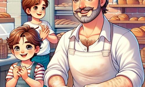 Il personaggio principale è un uomo di nome Lorenzo, un panettiere di mezza età con capelli castani leggermente brizzolati e una barba ben curata. Indossa un grembiule bianco macchiato di farina e un grande sorriso caldo sul volto, che mostra la sua passione per il suo mestiere. Lorenzo sta impastando una palla di pasta su un tavolo di legno, con le mani piene di farina, mentre guarda con orgoglio le sue creazioni. Accanto a lui, Marco, un ragazzo di 8 anni con capelli biondi disordinati, osserva attentamente. Indossa una maglietta a righe e un paio di jeans, con gli occhi brillanti di eccitazione mentre tiene un piccolo pezzo di pasta tra le mani. Sofia, una ragazza di 7 anni con lunghi capelli castani intrecciati, sta modellando un panino a forma di cuore, con un grande sorriso sul volto, piena di gioia e concentrazione. La scena si svolge in una deliziosa panetteria italiana, con muri di mattoni rossi e scaffali di legno pieni di pani dorati e pasticceria colorata. La luce del mattino filtra attraverso le finestre, illuminando la stanza con una dolce luminosità, mentre un profumo delizioso di pane fresco riempie l'aria. La situazione principale mostra Lorenzo che insegna ai bambini come preparare il pane, con le mani piene di farina, mentre ridono e si divertono imparando i segreti della panetteria, creando così ricordi indimenticabili.