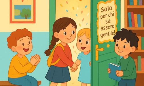 Una bambina di 8 anni dal viso tondo, capelli castani in treccia, sorriso gioioso e timido con guance rossate, tiene la mano di un'altra bambina e spinge delicatamente una porta colorata; accanto a lei Alice, 7–8 anni, capelli biondi corti, sguardo sollevato e meravigliato, osserva la porta che si apre; sullo sfondo Tommaso, 8 anni, capelli neri scompigliati, sorride timidamente mentre sistema libri su uno scaffale; Filippo, 8 anni, capelli rossi e ricci, è seduto su una panca e applaude entusiasta a sinistra della porta; il corridoio scolastico è luminoso con pareti pastello gialle e azzurre, pavimento chiaro, poster colorati e una grande porta di legno verde con il cartello «Solo per chi sa essere gentile!» e una piccola campanella dorata; la porta si apre liberando una piccola esplosione di coriandoli soffici e luce calda, i bambini sorridenti si radunano intorno in un'atmosfera accogliente e piena di gentilezza.