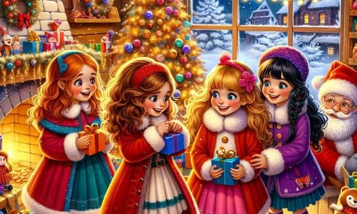 Cuatro niñas, Sofía (8 años, cabello castaño y rizado, con un abrigo rojo), Valentina (7 años, cabello rubio y liso, vestida con un abrigo rosa), Lucía (9 años, cabello castaño y ondulado, vestida con un abrigo azul) y Carmen (8 años, cabello negro y trenzado, con abrigo morado), están felices en un taller mágico de Navidad. Están rodeadas de duendes sonrientes y juguetes coloridos, con guirnaldas luminosas brillando en el techo. El taller es cálido y acogedor, con paredes de madera decoradas con copos de nieve de papel y estanterías llenas de regalos brillantes. Una gran chimenea crepita, proyectando una luz dorada, mientras un majestuoso árbol de Navidad adorna un rincón, decorado con bolas coloridas y estrellas brillantes. Las niñas están envolviendo regalos, riendo e intercambiando historias, mientras Papá Noel, con su gran barba blanca y su traje rojo, las observa con una sonrisa benevolente. Es una escena llena de alegría y magia, que ilustra el espíritu navideño y la importancia de la amistad y el compartir.