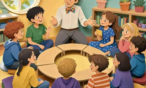 Un maestro sonriente y amable, cabello castaño peinado hacia atrás, pajarita multicolor, camisa clara y pantalón gris, de pie en el centro del círculo con las manos abiertas como lanzando una pelota invisible; a la derecha, Lucía, unos 9 años, cabello castaño largo en cola de caballo, vestido azul con lunares, sentada y sosteniendo una pequeña tarjeta amarilla; a la izquierda, Pedro, unos 9 años, cabello negro corto, camiseta verde, sentado y levantando la mano tímidamente; otros niños y niñas de 7 a 10 años sentados en círculo, ropa colorida y risas; aula redonda de paredes en tonos pastel, guirnaldas de papel, estantes con plantas y una gran ventana a la izquierda que deja entrar luz cálida; actividad: círculo de mesas bajas en madera clara donde los niños se pasan cumplidos como una "pelota invisible", atmósfera acogedora, colores vivos y sombras suaves en estilo de recorte de papel.