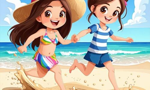 Una bambina di 6 anni, con lunghi capelli castani e occhi brillanti di gioia, indossa un costume da bagno colorato e un cappello da sole. Ride di gusto mentre corre sulla spiaggia, i piedi nudi che si affondano nella sabbia dorata. Accanto a lei, sua sorella maggiore Chiara, di 8 anni, ha i capelli legati in una coda di cavallo e indossa una maglietta a righe. La aiuta a costruire un castello di sabbia, sorridente e concentrata, con un secchiello e una paletta in mano. Lo scenario è una spiaggia soleggiata, con onde turchesi che si infrangono dolcemente sulla riva, ombrelloni colorati e conchiglie sparse sulla sabbia. Sullo sfondo, bambini giocano con aquiloni che volano in alto nel cielo blu. La scena principale mostra Sara e Chiara mentre costruiscono un magnifico castello di sabbia, circondate da secchi e palette, mentre il sole splende e l'aria è piena di risate e gioia estiva.