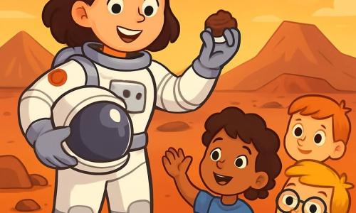 Eine Astronautin, Lena, mit einem breiten Lächeln und funkelnden Augen, trägt einen weißen und silbernen Raumanzug und hält einen glänzenden Helm unter dem Arm. Sie steht auf dem rötlichen Boden des Mars, umgeben von Steinen und Staub, während sie ein Bodenprobe in der Hand hält. In der Nähe schaut eine Gruppe von Kindern im Alter von etwa 8 bis 10 Jahren staunend zu. Mia, ein kleines Mädchen mit lockigen braunen Haaren, trägt ein blaues T-Shirt und winkt Lena zu. Tom, ein Junge mit Brille und blonden Haaren, hält eine kleine Mars-Flagge und lächelt bewundernd. Die marsianische Landschaft ist spektakulär, mit einem orangefarbenen Himmel und fernen Bergen unter einer strahlenden Sonne. Leichte Wolken schweben über ihnen, und Krater sind am Horizont sichtbar. Die Hauptsituation zeigt Lena, voller Freude und Begeisterung, die den Mars entdeckt und ihr Abenteuer mit den Kindern teilt, die sie mit weit aufgerissenen Augen beobachten und von Reisen ins All träumen.