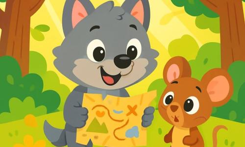 Little Wolf, a small wolf with soft gray fur and sparkling curious eyes, holds an old treasure map in his front paws, wearing an excited big smile on his face. Next to him, Squeaky, a little mouse with brown fur and large ears, looks at the map with wide eyes, displaying a look of wonder. They are in a sunny clearing surrounded by colorful flowers with bright petals and tall trees with sturdy trunks, with rays of sunlight dancing on the ground. Little Wolf and Squeaky are ready to embark on an adventure, eagerly studying the map while the wind gently rustles the leaves around them.
