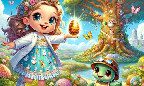 Una ragazza di 10 anni, di nome Sofia, si trova al centro dell'immagine, con grandi occhi scintillanti e un sorriso radioso. Ha lunghi capelli castani, adornati con piccoli fiori colorati, e indossa un vestito primaverile con motivi di conigli e uova di Pasqua. Sofia sta saltando di gioia, tenendo in mano un uovo d'oro brillante che scintilla al sole. Accanto a lei, un piccolo coniglio di nome Dottor Coniglio, di circa 5 anni, indossa un camice bianco da medico e occhiali rotondi. Sorride con orgoglio, indicando una grande quercia dove si nasconde un'altra uovo colorata. Più lontano, una piccola tartaruga di nome Tina, di 4 anni, indossa un cappello da esploratore e osserva attentamente, pronta ad aiutare Sofia nella sua ricerca. Il contesto è un giardino incantevole, pieno di fiori vivaci e alberi maestosi, con un cielo blu chiaro punteggiato di nuvole soffici. Farfalle colorate volano intorno, aggiungendo un tocco di magia all'atmosfera. La scena principale mostra Sofia, entusiasta, pronta a scoprire le meraviglie del Giardino Incantato, mentre si prepara a cercare le uova magiche nascoste, circondata dai suoi amici animali.