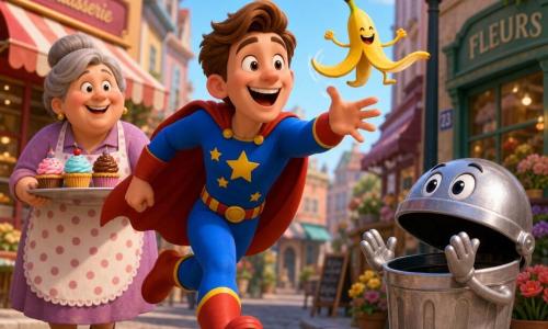 A young, joyful man with a red flowing cape, short brown hair and twinkling eyes wearing a bright blue suit with yellow stars runs forward reaching to catch a small dancing banana peel; behind him to the left stands a friendly, plump woman of about 50 with gray hair in a bun, wearing a polka-dot apron and balancing a tray of cupcakes, amused; to the right on the sidewalk is a shiny rounded talking trash can with a big smiling lid and drawn-on eyes, slightly open as if applauding; the scene is a colorful city street with a cobbled sidewalk, pastel shopfronts, a vintage lamppost, potted flowers and a light blue sky; main situation: the hero grabs the airborne dancing banana peel in a dynamic, exaggerated comic moment with a warm, reassuring atmosphere.