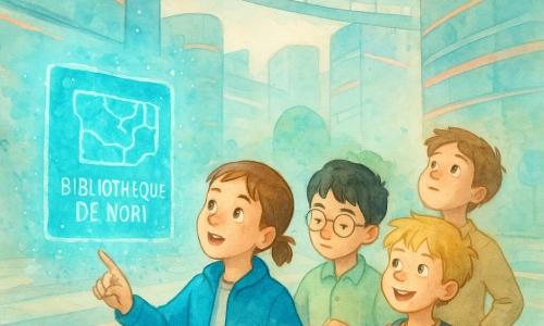 Sunt patru copii: băiat, 9 ani, Darius — păr castaniu prins în coadă mică, vestă albastru electric, ochi curioși, indică cu degetul un hologram pe perete, în prim-plan stânga; băiat, 9 ani, Radu — păr negru scurt, ochelari rotunzi subțiri, cămașă verde pal, se uită la ceasul inteligent, imediat dreapta lui Darius; băiat, 9 ani, Mihai — păr blond zburlit, salopetă gri cu buzunar mic de scule, ține o mini-șurubelniță și râde, dreapta lui Radu cu mâinile în șolduri; băiat, 9 ani, Luca — păr șaten drept, pulover bej moale, față calmă, privește cerul între clădiri, în spatele celorlalți, centrat. Locul: curte interioară futuristă între patru blocuri cu fațade din sticlă lăptoasă și linii luminoase colorate; pe peretele din stânga un hologram plat albastru pâlpâie arătând o hartă; peste, pasarele transparente și drone-poștașe rotunde zboară pe un cer îngust; solul are benzi elastice moiré care reflectă pete de lumină; paletă de culori: tonuri pastel tehnologic — albastre deschise, verde mentă, accente neon coral. Situația: copiii descoperă un panou holografic pâlpâitor cu textul „Biblioteca Nori — semnal pierdut”, atmosferă de uimire și investigație, gesturi și priviri concentrate, mici stropi acuarelă pentru lumină și energie. Stil: acuarelă delicată, contururi ușor neclare, detalii clare pe fețe și hologramă, stropi controlați în jurul luminilor.