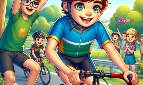 În prim-plan, un băiat de 12 ani, Andrei, cu părul șaten și ochii strălucitori, zâmbește entuziast în timp ce pedalează cu viteză pe bicicleta lui roșie, cu brațele întinse și fața radiantă de bucurie. Poartă un tricou de ciclism albastru și o cască galbenă, simbolizând spiritul său competitiv și pasiunea pentru ciclism. Lângă el, un alt băiat de 12 ani, Mihai, cu părul negru și ochelari, îl încurajează ridicând brațele, afișând un zâmbet larg. Poartă un tricou verde și pantaloni scurți, stând pe marginea drumului, gata să aplaude prietenul său. În fundal, o fată de 11 ani, Ana, cu părul blond și o coadă de cal, observă cu admirație, ținând un panou de susținere. Poartă o rochie colorată și stă lângă un copac, adăugând o notă de prospețime scenei. Locul este un parc verde, plin de copaci majestuoși și flori colorate, cu un drum de pământ bătut care se șerpuiește prin el. Cerul este de un albastru strălucitor, presărat cu câteva nori albi, creând o atmosferă veselă și dinamică. Situația principală o arată pe Andrei în plină cursă, hotărât să câștige competiția de ciclism, în timp ce prietenii săi îl încurajează cu entuziasm, ilustrând spiritul de echipă și camaraderia care îl înconjoară.